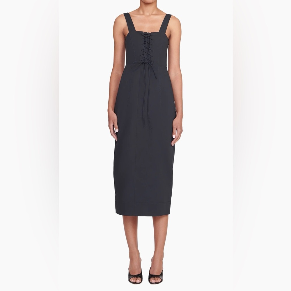 STAUD Sutton Black Lace Up Detail Stretch Sleeveless Midi Dress Size XXS New
